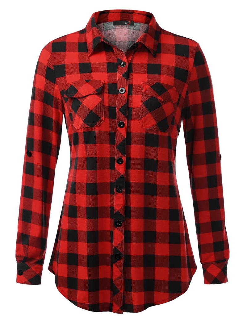 DJT Womens Soft Stretchy Knit Plaid Shirts Roll Up Long Sleeve Collared Button Down Blouses Tops Large Red Plaid - Image 2